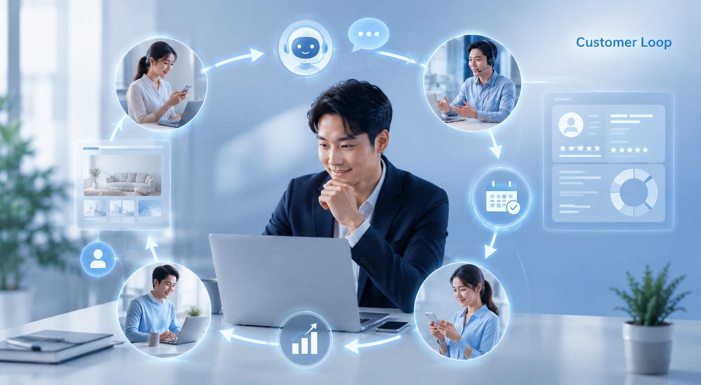 AI 상담이 방문·대화·상담·전환·고객관리를 잇는 고객 접점 흐름